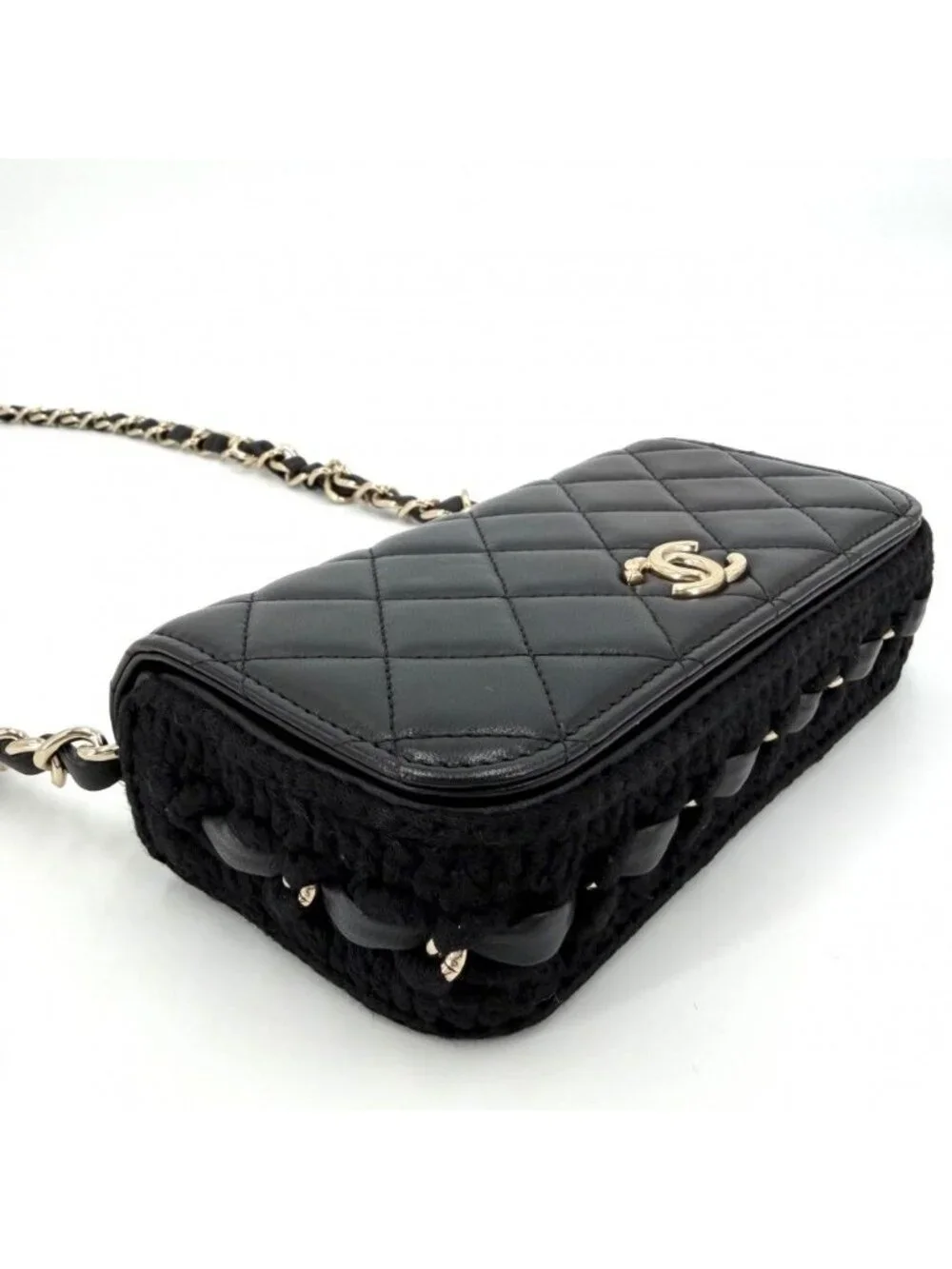 Chanel Shoulder Bag Quilted Flap Chain Knit Crossbody CC Logo Lambskin Black